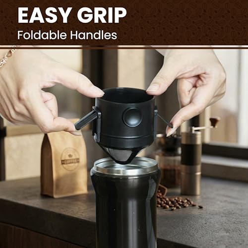 Image of Filter Coffee Maker with Bottom Cup Double Mesh Pour Over Coffee Filter Food Grade SS & Plastic Coffee Dripper 100% Paperless Foldable to Fit Most Cup Keep Coffee Flavour Easy Use & Clean