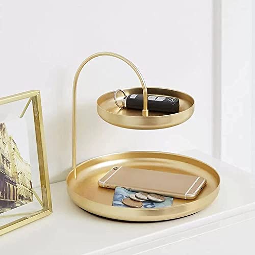 2-Tier Round Gold Jewelry Tray Organizer With Curved Lip, 8 Inch Double Decorative Vanity Tray Platter Necklace Holder, Multi Layer Makeup Storage Display Standing Shelf Tray, Matte Brass, Exxacttorch #TOP5
