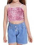 CharmWM Girls Sleeveless Tank Top Sequin Spaghetti Strap Crop Cami Camisole Sparkly Dance Blouse Pink