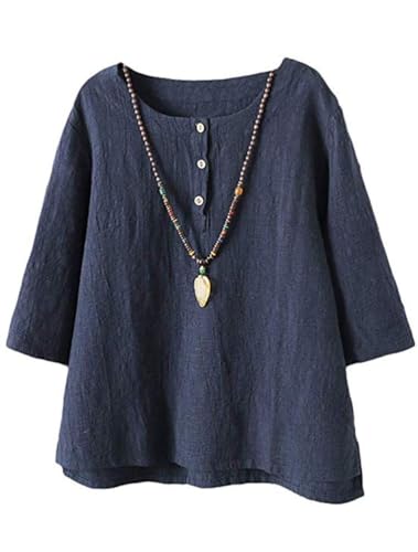 FTCayanz Women's Linen Tops Shirts Summer Casual Jacquard Tunic Blouse XX-Large Navy