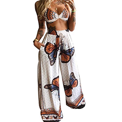 Meihuida Women Summer Boho Clothing Butterfly Top + Palazzo Boho Pants Two Piece Bohemian Outfits M
