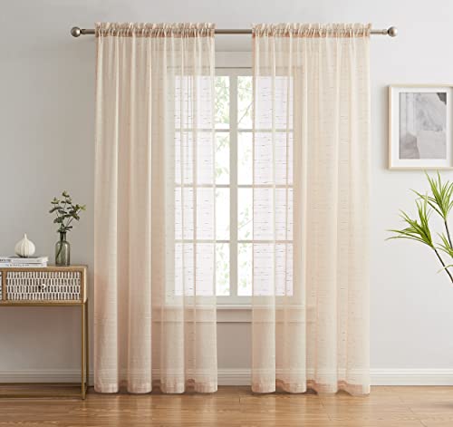 Linenzone Luxury Sheer Window Curtains For Living Room, Bedroom Or Kitchen. Each Linen Curtains Panel Is Embroidered With Dotted Stripe Design. Premium Light Filtering Drapes. (Jane 54 X 96, Linen) #TOP1