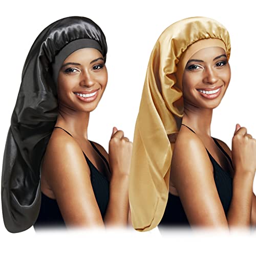 Long Satin Bonnet Sleep Cap,Black Extra Large Silk Bonnet for Natural Hair, Bonnets for Women Night Sleep,Wide Elastic Band, Very Soft & Comfortable (Black+Gold)