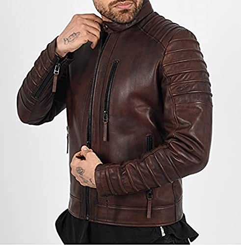 Image of Luis Leather Crampy Brown Genuine Leather Solid Biker Jacket for Men's, lightweight Motorcycle jacket