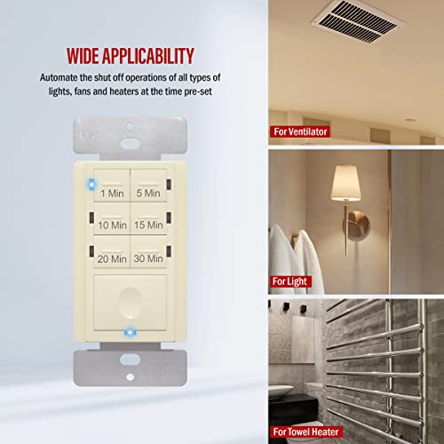 Enerlites 30-Minute Countdown Timer Switch, 1-5-10-15-20-30 Min, For Bathroom Fans, Heaters, Lights, Led Indicator, 120Vac 800W, Neutral Wire Required, Ul Listed, Het06A-R-La, Light Almond #TOP2