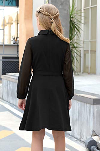 GORLYA Mesh Long Sleeve Girl's Collar Casual Vintage A-line Party Belted Dress with Pockets for 4-14T2