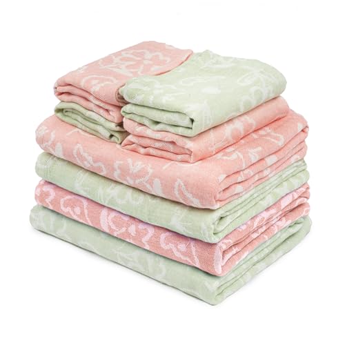 Doctor Towels World's First Banana Floral Towel Set of 8 – 4 Bath Towel, 4 Hand Towel| Clinically Proven to Help Reduce Acne | 200 GSM Quick Dry Towels for Bath Large Size – Coral & Pastel Green