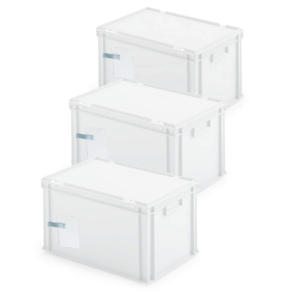 BRB 3x Ordner-Archivboxen, für je 7 Ordner (A4, breiter Rücken), inkl. Edelstahl-Zettelklemmer, staubsicher (weiß)