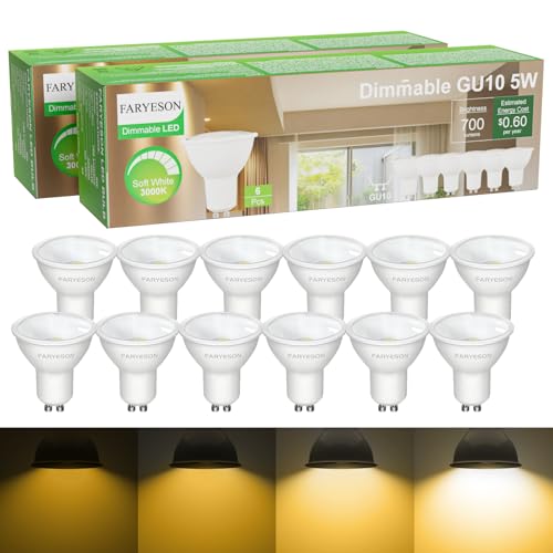 faryeson Dimmable GU10 LED Light Bulbs - 5W, Soft White (3000K), 700 Lumens, Wide 110° Flood Beam, Great for Recessed and Track Lighting in Kitchens, Living Rooms, and Bedrooms, 12-Pack