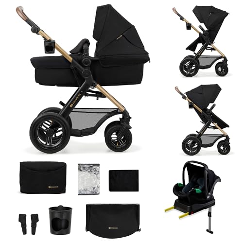 Kinderkraft MOOV2 AIR Kinderwagen 4 in 1 Kinderwagenset bis 26 kg mit Kindersitz I-SIZE 40-75 cm, Buggy Funktion, Liegeposition verstellbar, Große ausziehbare Verdeck, Aufblasbare Räder, Schwarz