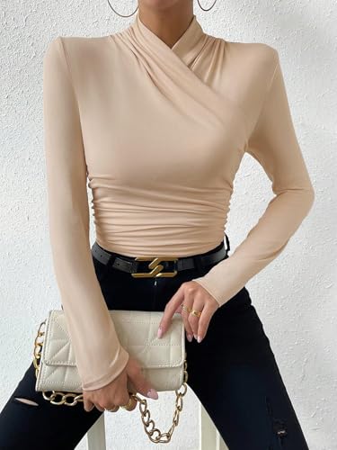 Image of SweatyRocks Women's Ruched Mock Neck Long Sleeve T Shirt Solid Slim Fitted Tee Tops