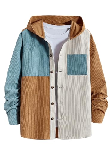 OYOANGLE Men's Color Block Long Sleeve Button Front Corduroy Hoodie Vintage Hooded Jacket
