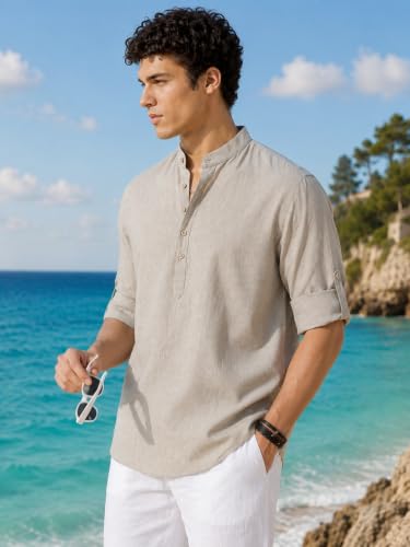 Image of Majestic Man Men's Pure Cotton Solid Mandarin Collar Slim Fit Roll-Up Sleeves Short Kurta Lightweight Summer Kurta for Daily & Occasion Use
