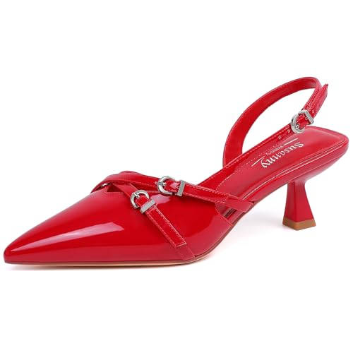 Susanny Kitten Heels for Women Pointed Closed Toe Pumps Comfort Sling Back High Heels Sexy Strappy Buckle Dress Wedding Bridal Party Low Heel Shoes