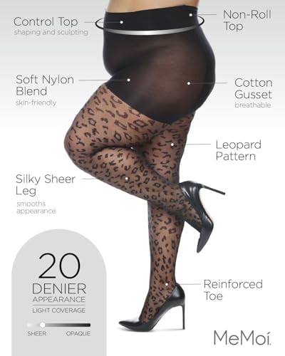 MeMoi Women's Leopard Sheer 20 Denier Control Top Tights, 3X-4X, Black3