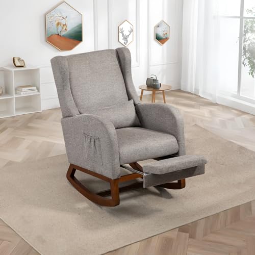 Image of Modern Rocking Chair Nursery Glider, Comfy Rocker Nursery Chair with Foot Rest, Accent Reading Armchair with Pillow and Pocket, Upholstered Lounge Rocker with Solid Wood Base for Relaxing (Taupe)