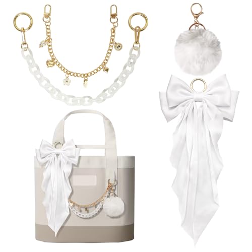 Kaitiaki 4PCS Tote Bag Decor Kit Decorative Bow & Pom Pom Accessories Compatible with YETI Camino 20/35/50 Carryall Bogg Beach Tote Bags (White)