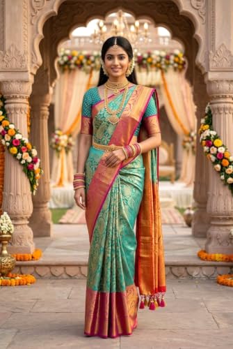 Image of VFCollections Women's Kanchipuram Silk Pure Pattu Sarees With Blouse