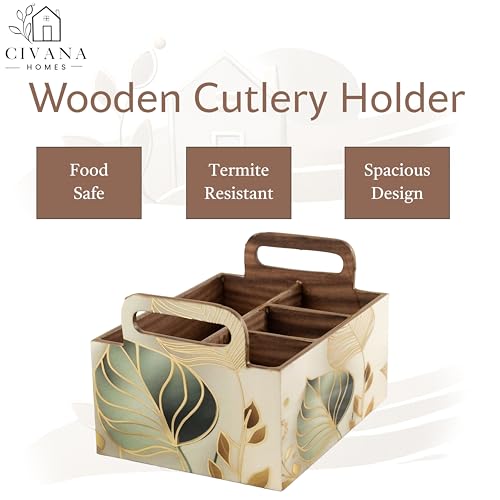 Image of CivanaHomes Wooden Cutlery Holder with Gold Engraving | Pack of 1 | Size : 9 x 7 x 5.5 inch | Enamel Coated Waterproof | Cutlery Holder for Dining Table | (White Leaf)