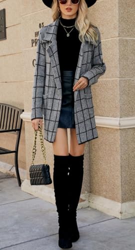 Women's Plaid Lapel Collar Open Front Cardigan Sweater Button Up Long Sleeve Business Knit Blazer Jacket4