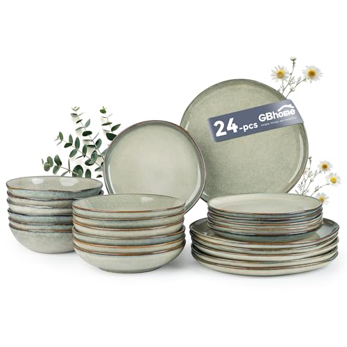 GBhome Juego de vajilla para 6 personas, juego de 24 platos y cuencos de cerámica hechos a mano, resistente a los arañazos, apto para horno, lavavajillas y microondas, color salvia Desret GBhome Juego de vajilla para 6 personas, juego de 24 platos y cuencos de cerámica hechos a mano, resistente a los arañazos, apto para horno, lavavajillas y microondas, color salvia Desret