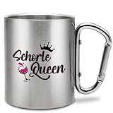 Prozente Momente Schorle Queen | Edelstahl-Trinkbecher mit Karabinerhaken | Geschenkidee | 330 ml | Becher | Camping | Vereine | Silber
