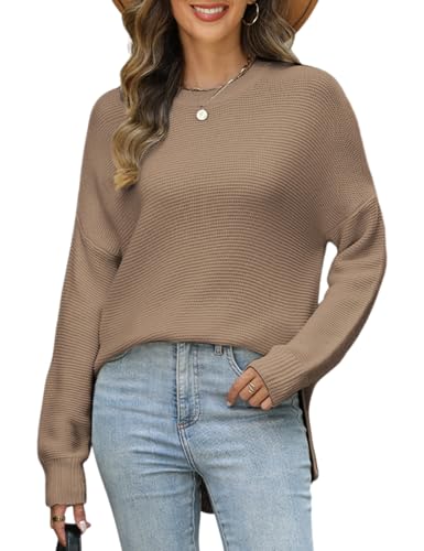 VIMPUNEC Women's Fall Casual Knit Sweaters Oversized Long Sleeve Pullover Top Cozy Chunky Split Hem Jumper