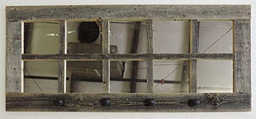 Long Window Pane Mirror With Decorative Coat Hooks, (36.5 X 18 Inches) 10 Pane Frame Rustic, Farmhouse Entryway Wall Decor, Wooden Hallway Windows, French Country Kitchen Apron Rack. Allbarnwood #TOP4