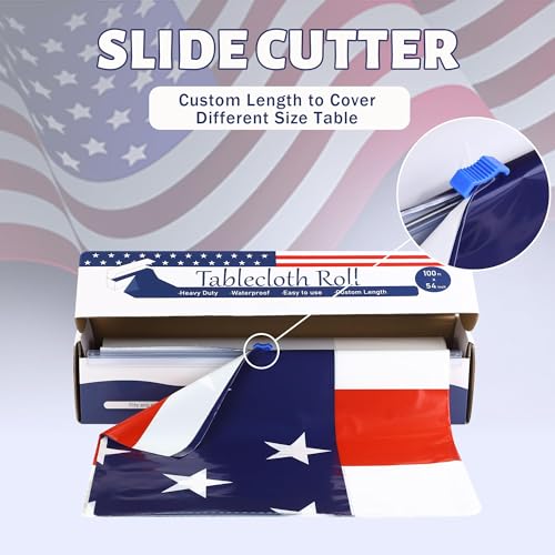 Image of Kochorie 100 Ft x 54 Inch 4th of July Tablecloth Roll in Slide Cutter Box Disposable Plastic Table Cloths Cut to Size Independence Day Backdrop for Memorial Day Veterans Day Party Supplies