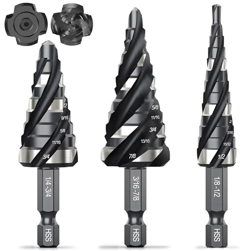 Image of THINKWORK Four Spiral Flute Step Drill Bit Set, 3 Pcs HSS Step Drill Bits (1/8"-7/8") Unibit Step Drill Bit with Tool Box, 1/4" Shank Step Bits for Aluminum, Wood, Plastic, Metal