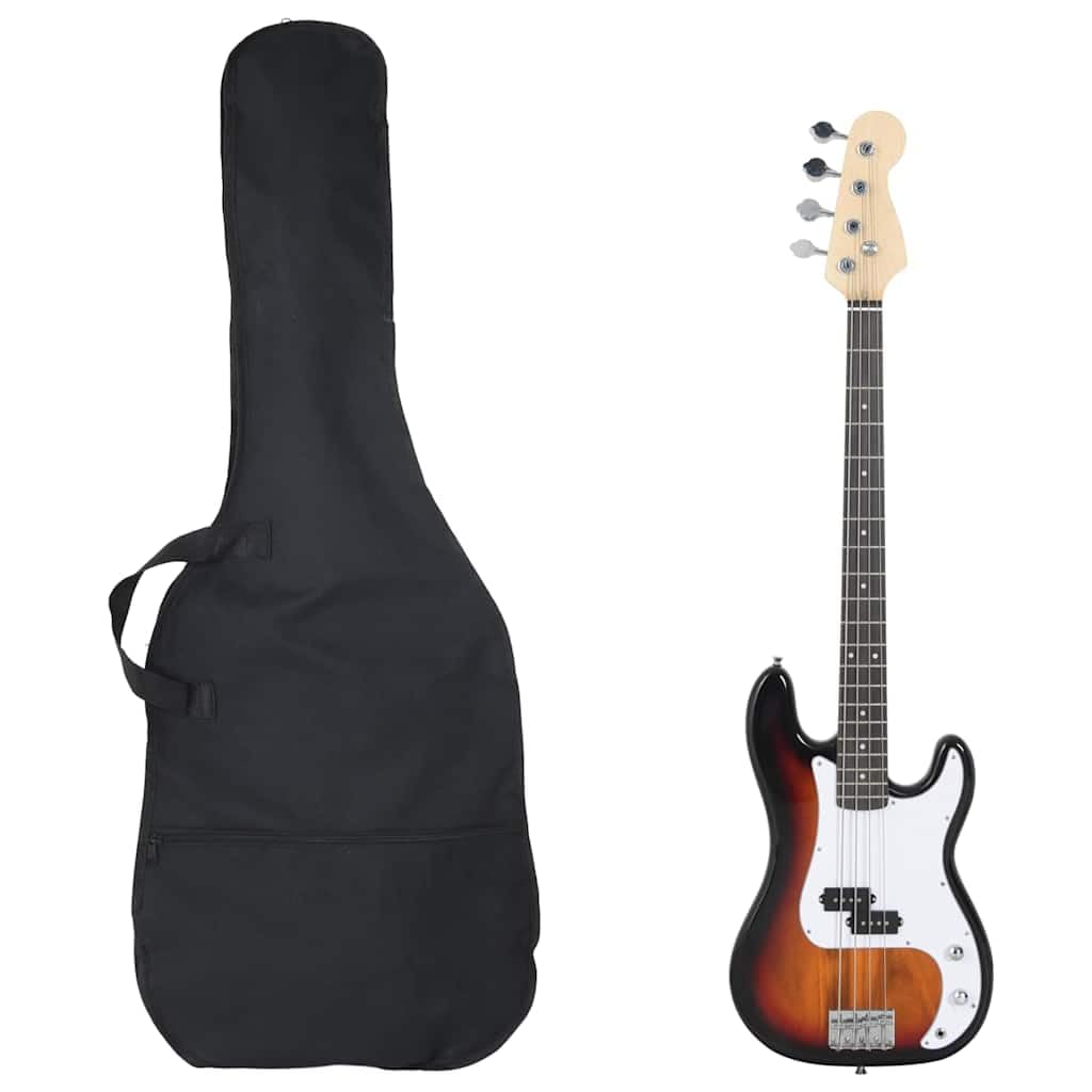 E-Bass für Anfänger 4/4 46 Zoll mit Tasche, Stimmgerät, Audiokabel und Plektrum Set, Birkenholz, Braun Weiß Farbverlauf, Gitarrengurt, Griffbrett für Musikunterricht, Bühne, Schule