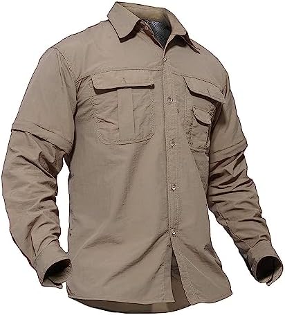 TACVASEN Mens Solid Convertible Zipper Sleeve Tactical Short Long Sleeve Shirt Khaki, L