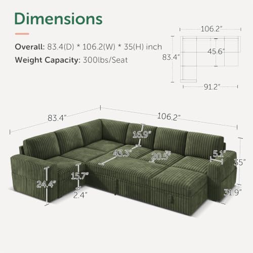 Image of HONBAY Modular Sectional Sleeper Sofa with Pull Out Bed,Corduroy U Shaped Couch with Storage, Sectional Couches for Living Room,Green