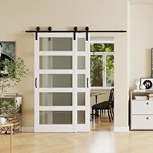 72 in.36in.x 2 x 84 in. Bypass Barn Door, with 5 Lites Tempered Frosted Glass Door Panels & 6.6ft Bypass Hardware Kit - Pre-Drilled White Primed 2 Door Slabs for Wardrobe, Need to Assemble