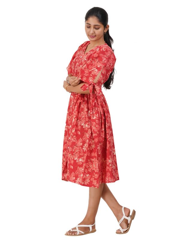 Image of MENMAII Oversized Cotton Full Button Dress for Women | Loose Fit with Fancy Sleeve Tie-Ups & Waist Tie-Up | Comfortable Casual Calf Length [Size : One Size fits Upto 3XL]