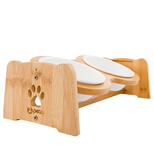 Petsoigné Katzennäpfe Set - Keramikschalen Mit Bambusgestell Für Katzen & Hunde