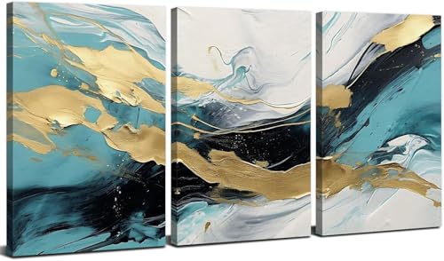 Sarcelle D’Hiver Encadré Wall Art Impression Murale Abstraite Art Mural Vert Et Or Images Salle De Bain DéCor Marbre Vague Peinture Toile Moderne...
