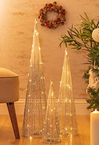 Marco Paul Interiors Traditional Sliver Light Up Christmas Tree Set Decorations with 90 LEDs - Battery Operated In-lit Standing Christmas Ornaments Festive Trees for Indoor Xmas Home Decor (Set of 3)