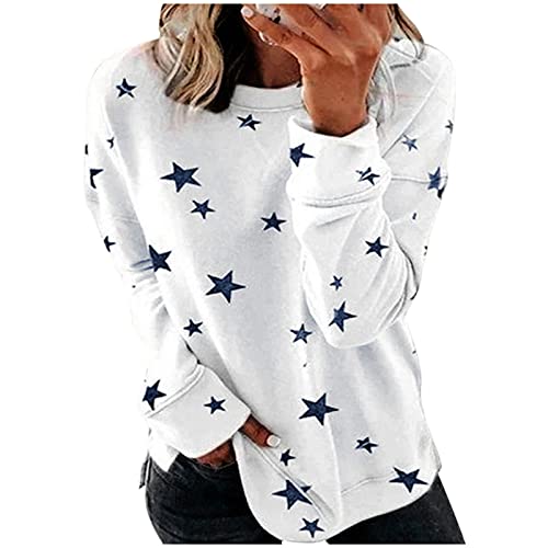 Tops for Women Casual Fall Fashion Stars Print Long Sleeve Crewneck Comfy Pullover Shirt Loose Fit T-Shirt Blouse White