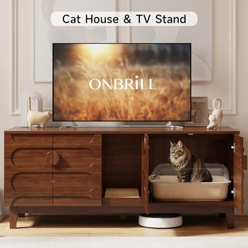 Image of ONBRILL 63 inch Cat Litter Box Enclosure for 2 Cats, Cat Litter Boxes, Walnut