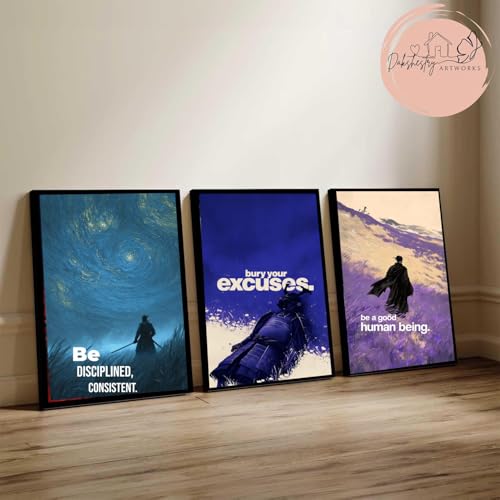 Image of DAKSHESTRY ARTWORKS Set of 3 Samurai Motivational Wall Art Prints - Warrior Discipline Quote Framed Posters for Bedroom Office Home Gym Decor (A4 8x12 Inch, Black Frame)
