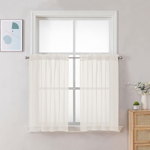 Image of Chyhomenyc Ivory Sheer Curtains 30 inch Length 2 Panels, Light Filtering Voile Rod Pocket Short Window Curtians for Bathroom Living Room Farmhouse Small Windows, 42Wx30L inches