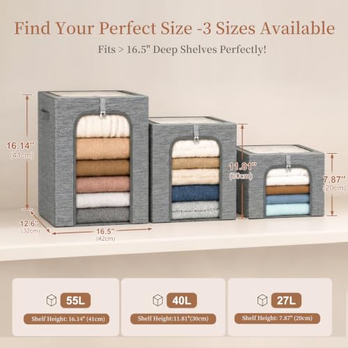Image of GoMaihe Clothes Storage Bin with Metal Frame: 6-Pack Stackable Closet Storage Bin with Lid & Clear Window, Sweater Boxes Storage for Closet Bedding Clothing Storage Organizer 40L