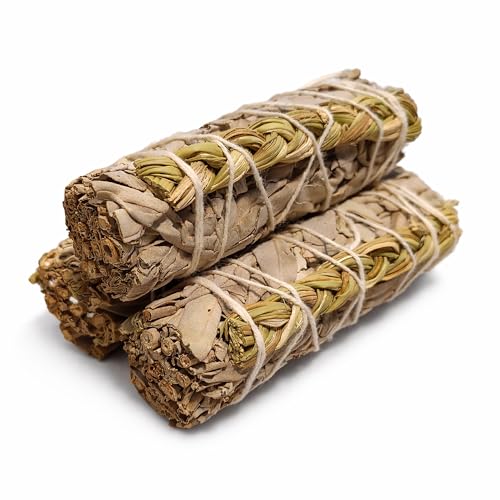 Ancientveda 4 Inch 3 Pack White Sage Mixes Smudge Sticks Bulk with Starter Guide for Cleansing, Meditation, Yoga | Sage for Cleansing House | California Sage Bundles | White Sage & Sweetgrass