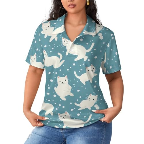 Camiseta polo de mujer para ocio diseño de gatos blancos transpirable