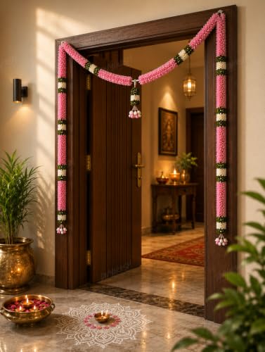 Image of Divyakosh Thorana Set (with Side Hanging), Toran for Main Door Entrance, Fabric, Handmade, Pink & White Floral Banderwal, Big Size, Width 3.5 FT & Height 4 FT