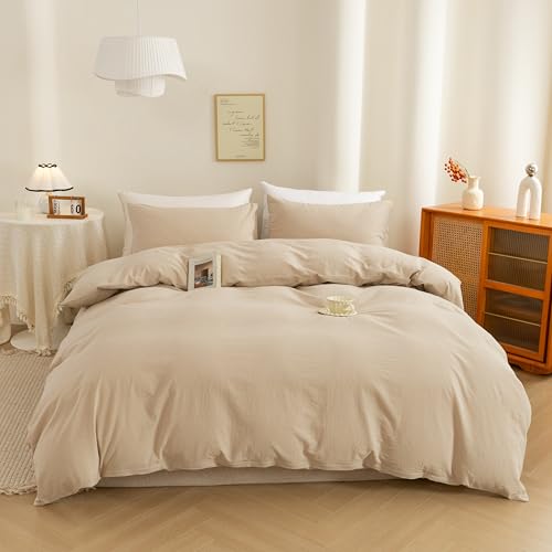 ECOCOTT Duvet Cover Queen Size, 100% Washed Cotton 1 Duvet Cover with Zipper and 2 Pillowcases, Ultra Soft and Easy Care Breathable Cozy Simple Style Bedding Set(Queen, Khaki)