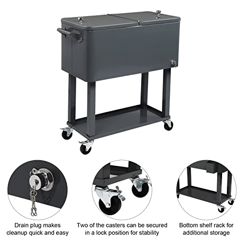 Outvita 80 Quart Rolling Ice Chest, Portable Bar Drink Cooler With Catch Basin, Bottom Storage Tray And Bottle Opener For Patio Party Bbq Beach Activities (Dark Gray) #TOP2