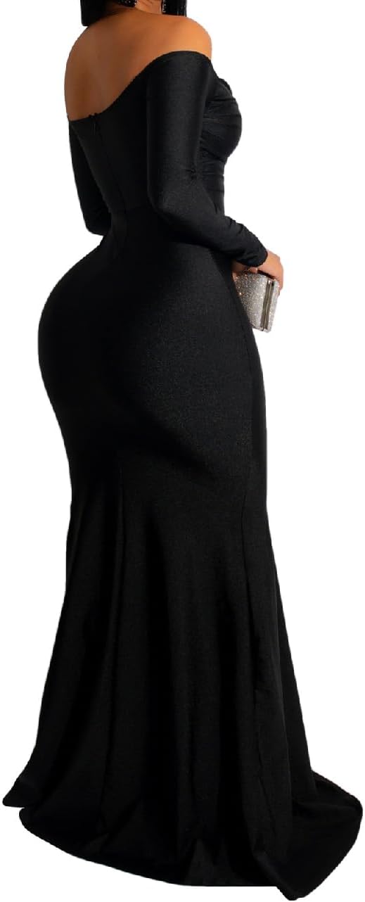 A ADILACA Women's Sexy V-Neck Off Shoulder High Split Formal Party Maxi Dress - Image 2