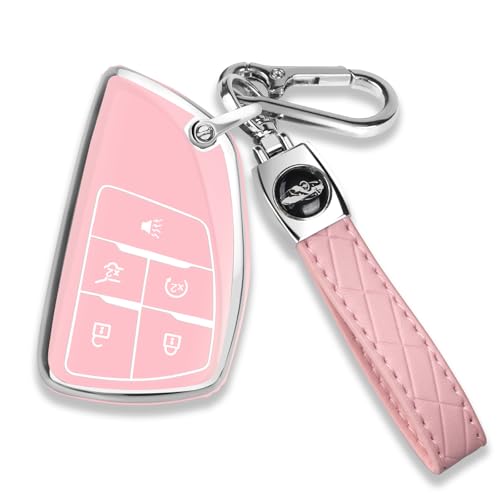 QBUC for Chevy Key Fob Cover with Keychain Soft TPU Protection Case Compatible with 2021-2026 Equinox Blazer Chevy Tahoe Suburban GMC Yukon Denali Silverado 5-Buttons(Chrome Trim Pink)